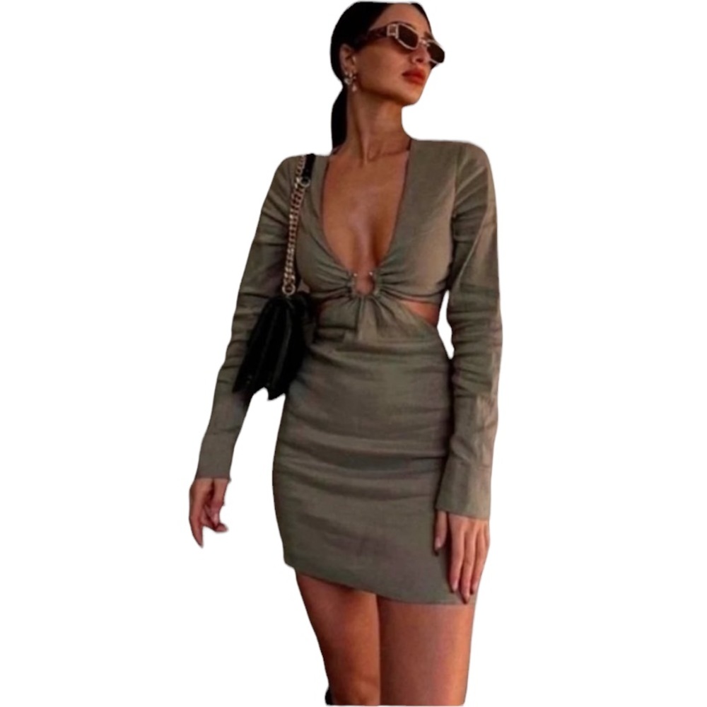 Zara Army Green Linen Blend Dress with Cutouts